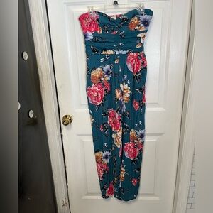 Band of Gypsies Teal Strapless Floral Jumpsuit with Pink and Yellow Blooms